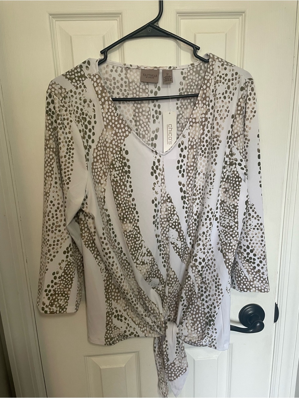 Chico's White & Taupe Dot-Print Tie-Front V-Neck Top